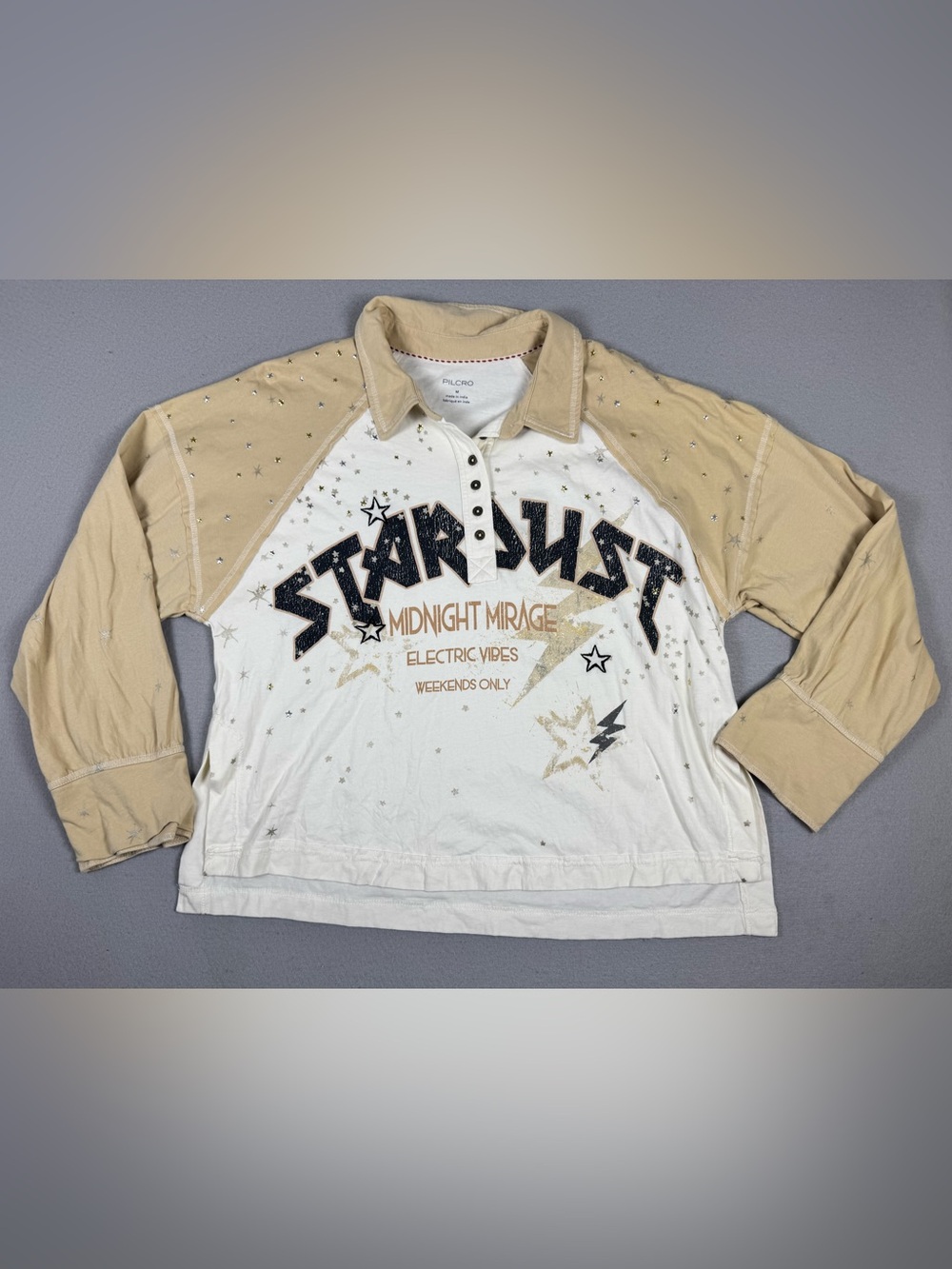 Pilcro Anthropologie Long-Sleeve Stardust Graphic Henley Knit Top Size Medium - Picture 2 of 5